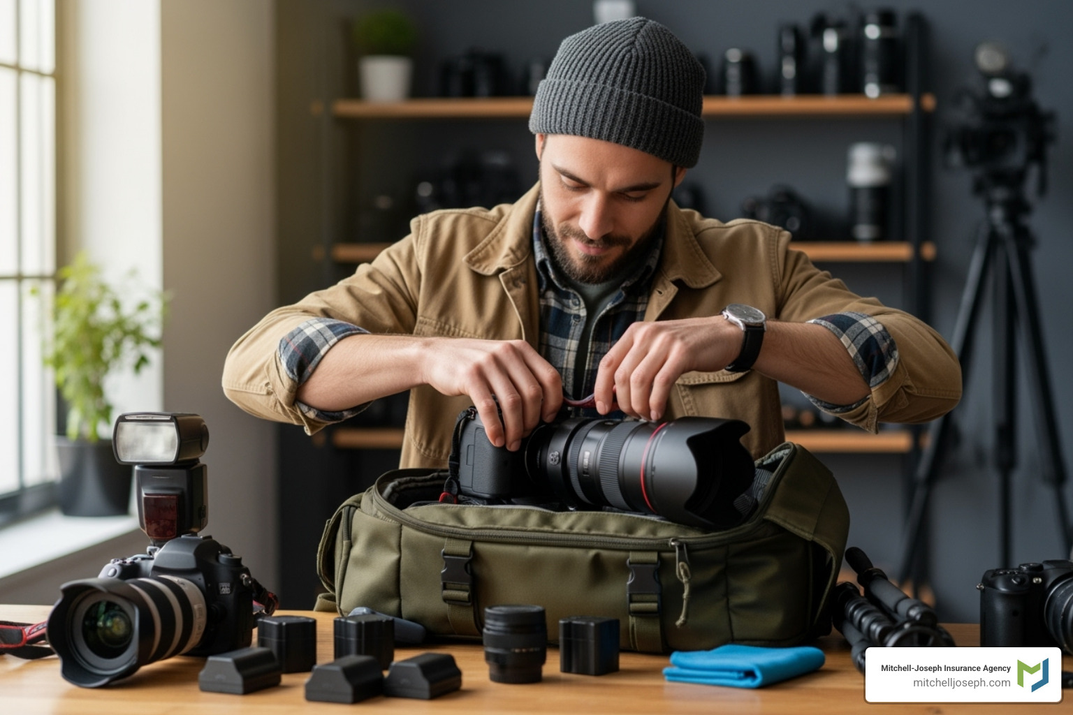 a confident photographer packing their insured gear into a camera bag - photography equipment insurance a confident photographer packing their insured gear into a camera bag - photography equipment insurance