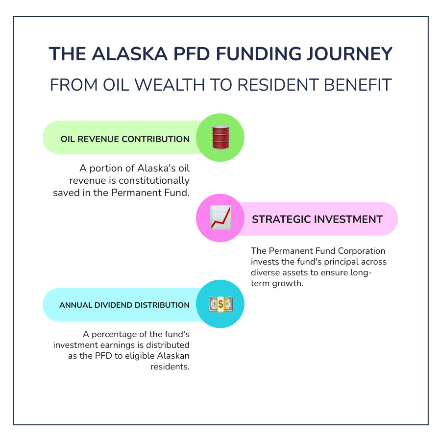 Infographic showing the flow from Alaska's oil revenue to the Permanent Fund Corporation, which invests the money in stocks, bonds, and real estate, then distributes annual dividends to eligible Alaska residents based on fund performance and legislative appropriation - alaska permanent fund dividend stimulus payment infographic infographic-line-3-steps-colors