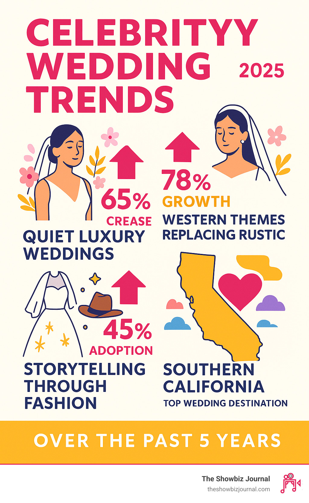 Infographic showing the rise of quiet luxury weddings (65% increase), Western themes replacing rustic (78% growth), and storytelling through fashion (45% adoption) over the past 5 years, with Southern California leading as the top wedding destination for celebrity-inspired celebrations - Celebrity wedding trends infographic 