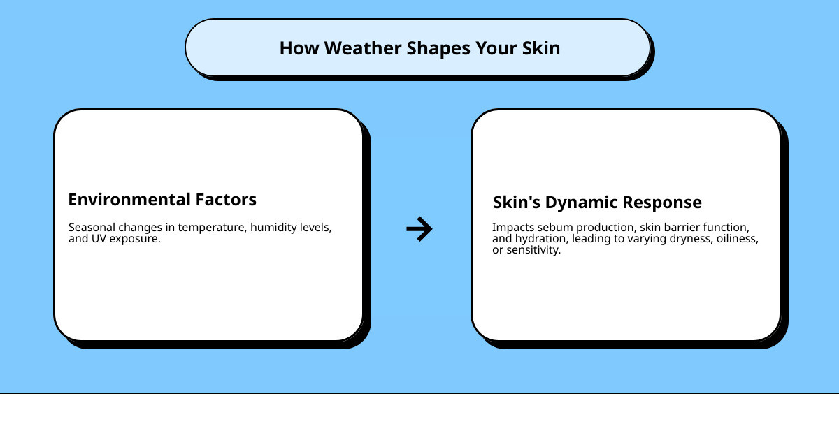 Detailed infographic showing how temperature drops in winter reduce skin barrier function and increase dryness, while summer heat boosts oil production and requires stronger UV protection, with spring and autumn as transition periods requiring rebalancing - Skincare for all seasons infographic cause_effect_text