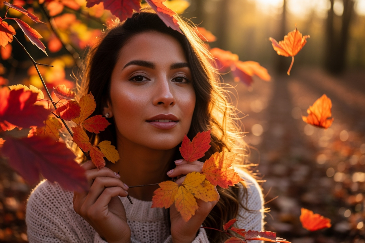 Woman with healthy skin surrounded by autumn leaves - Skincare for all seasons