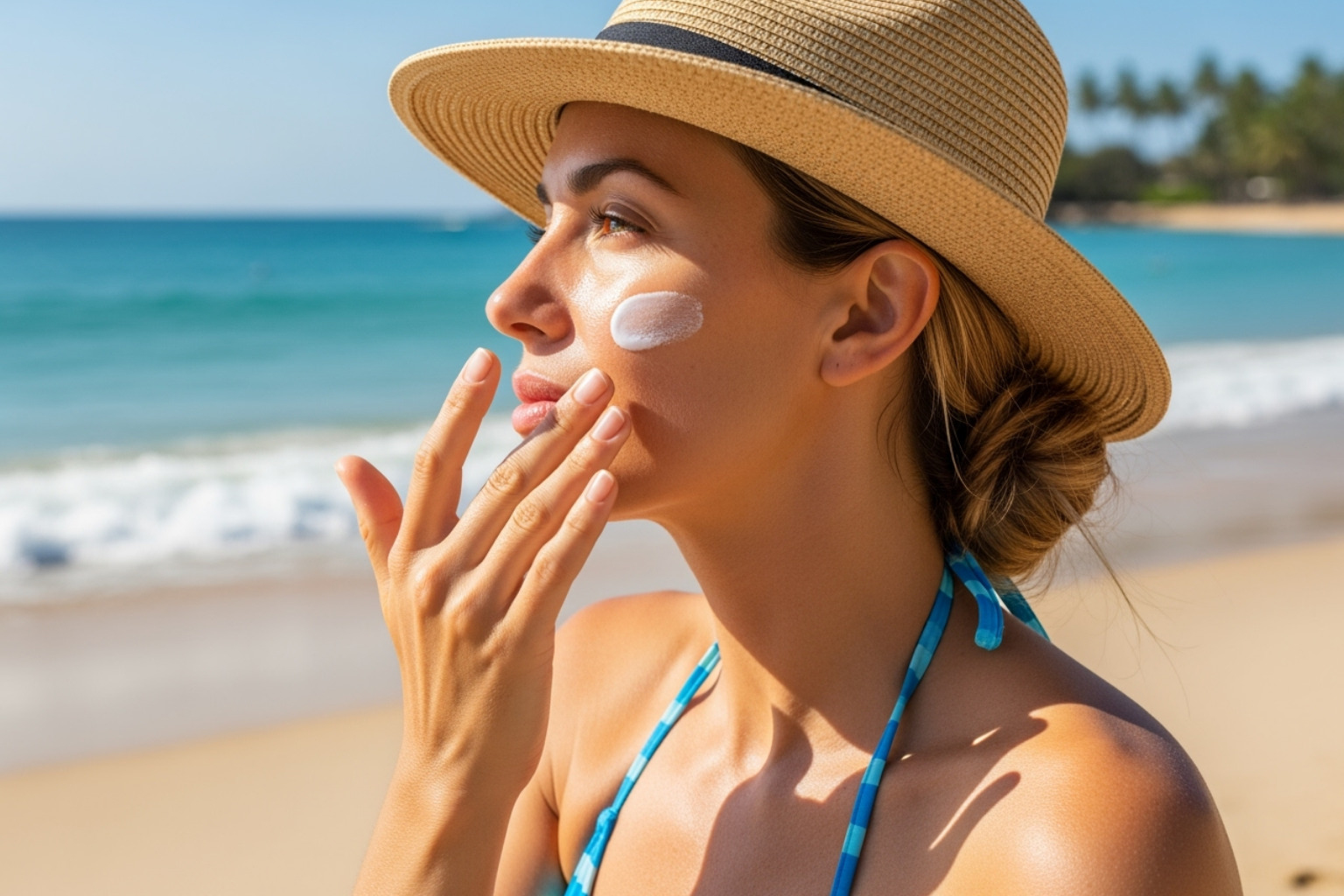 Woman applying sunscreen at the beach - Skincare for all seasons