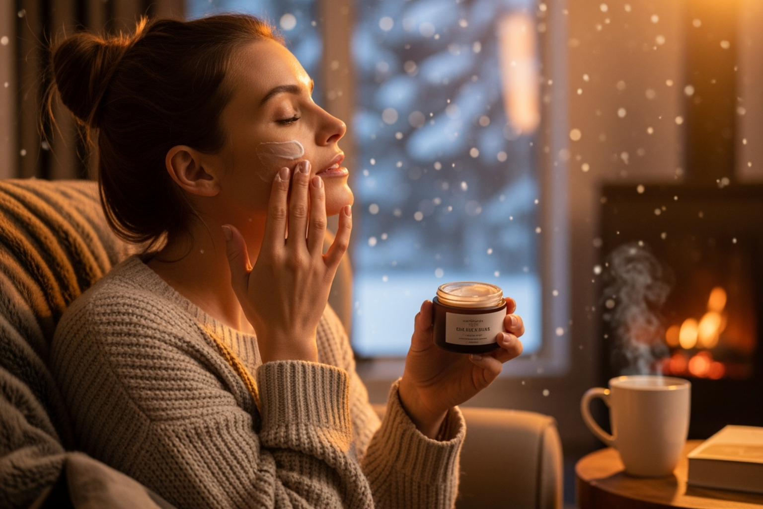 Woman using a rich face cream in a cozy winter setting - Skincare for all seasons