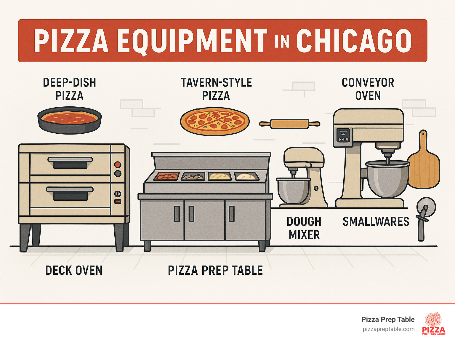 Infographic showing essential pizzeria equipment layout including deck ovens for deep-dish pizza, conveyor ovens for tavern-style, commercial pizza prep tables with refrigerated rails, dough mixers, and smallwares like peels and cutters arranged in an efficient Chicago pizzeria kitchen workflow - pizza equipment in Chicago infographic 