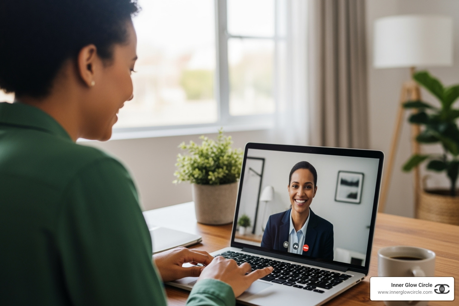 A person having a positive video call with a coach, illustrating the convenience of online coaching - Personal coaching services
