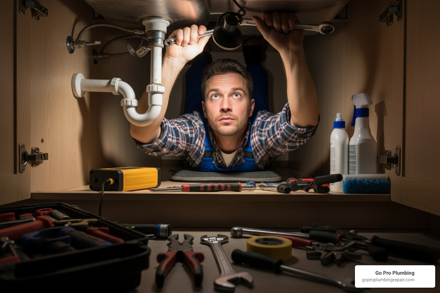 plumber working under a sink - plumber Rancho Cordova