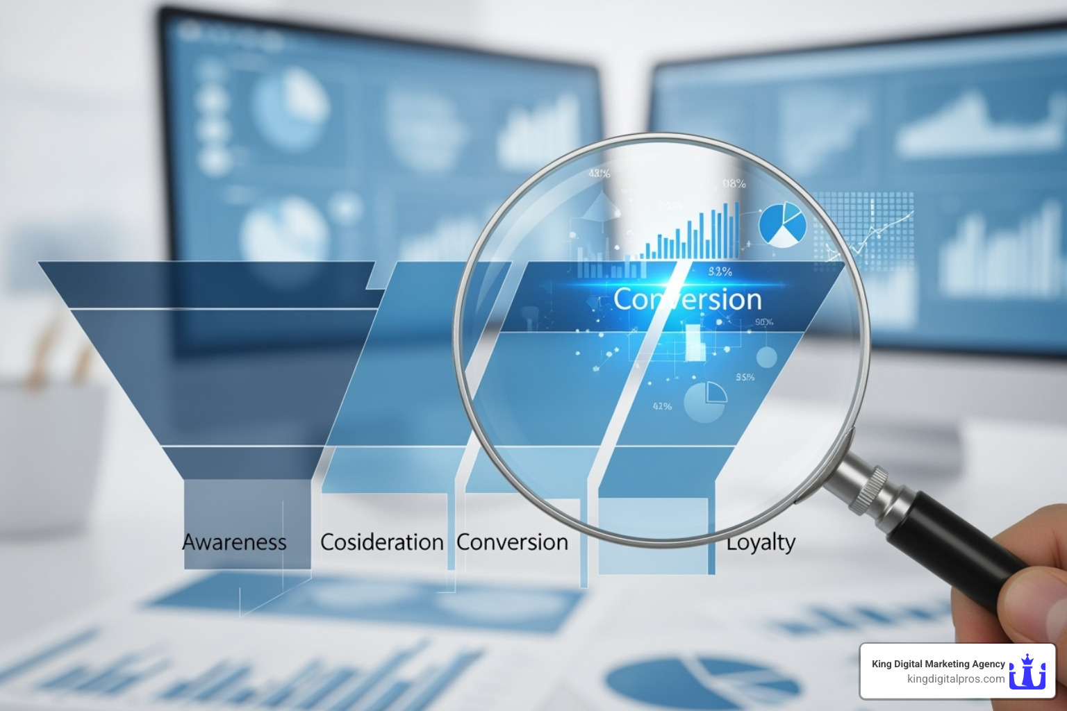 magnifying glass over a funnel stage - conversion funnel optimisation