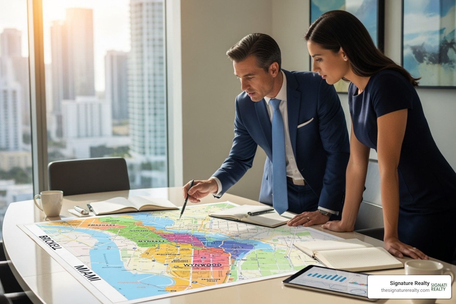 A commercial real estate broker and client reviewing a map of Miami commercial districts - how to negotiate a commercial lease for retail space A commercial real estate broker and client reviewing a map of Miami commercial districts - how to negotiate a commercial lease for retail space