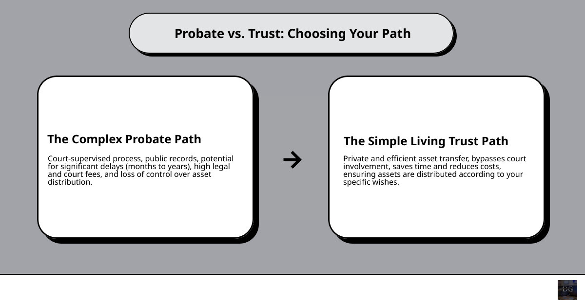 Infographic comparing the simple path of a living trust vs. the complex path of probate - what does house in probate mean infographic cause_effect_text