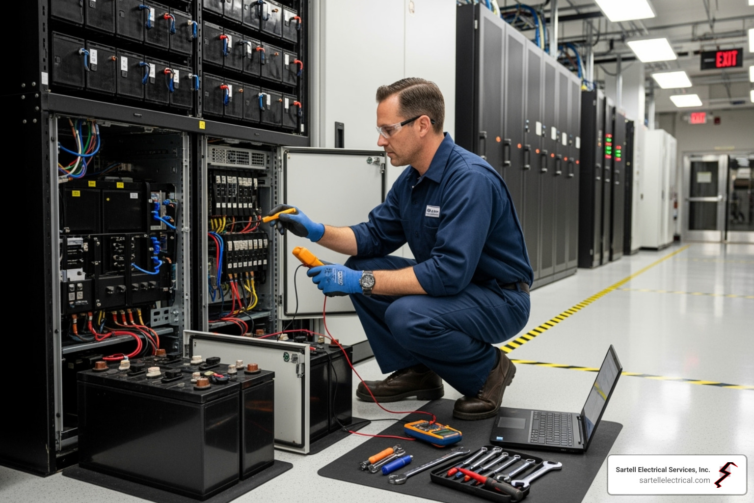 of a certified electrician performing maintenance on a UPS battery bank - Hospital UPS systems
