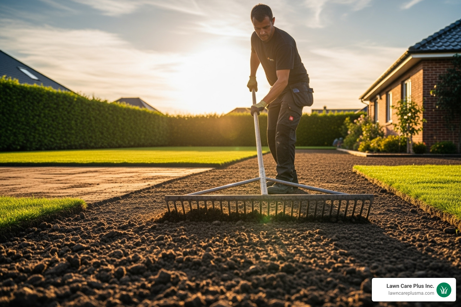 landscaper raking prepared soil smoothly - sod and turf installation