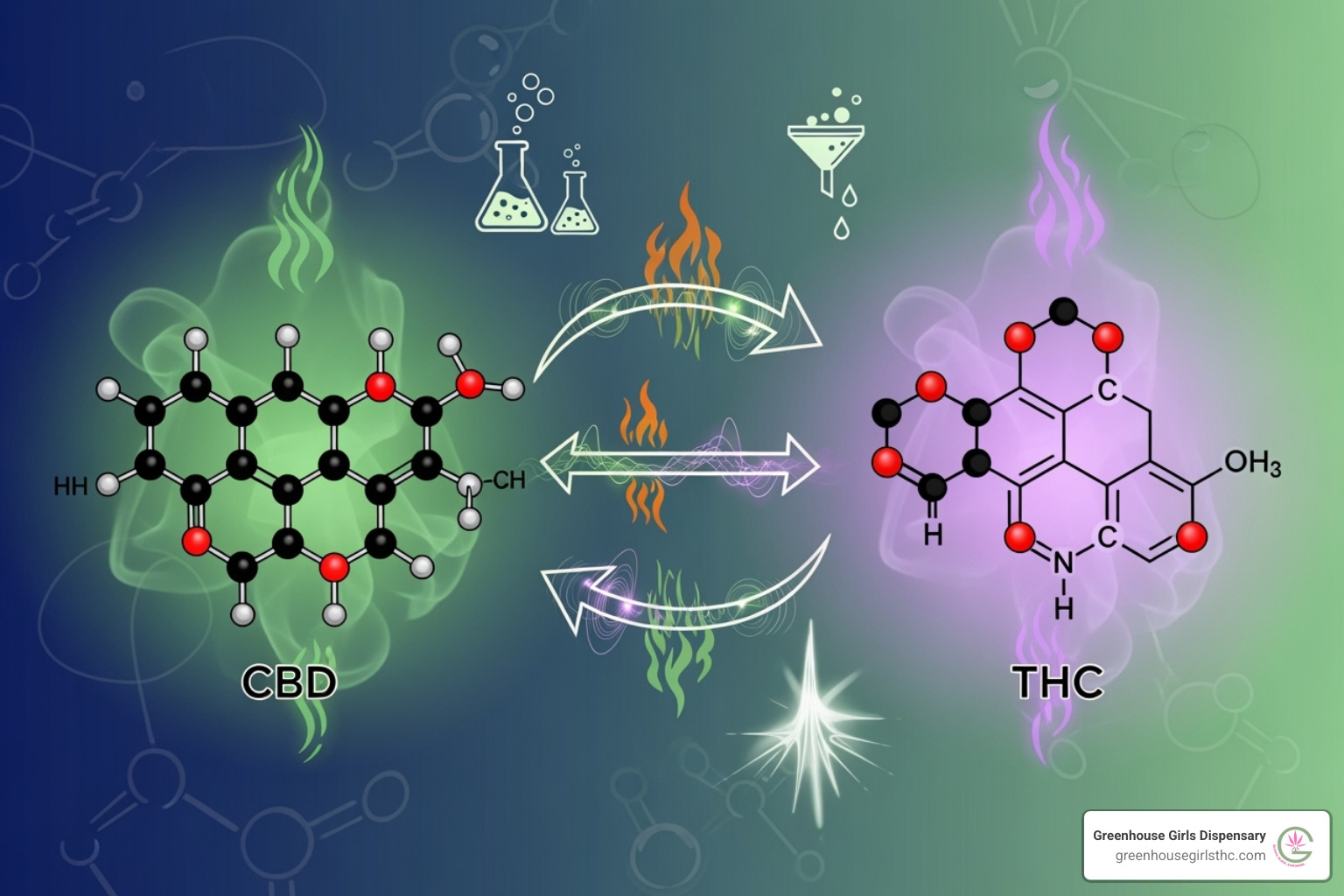 Diagram showing the chemical conversion process from CBD to THC, illustrating the molecular rearrangement and purification steps. - hemp derived cannabis