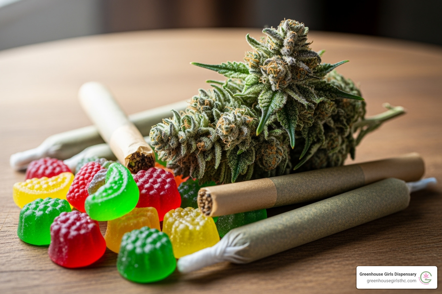 Greenhouse Girls' top products: THCa flower, Delta 9 gummies, and prerolls, arranged attractively. - hemp derived cannabis