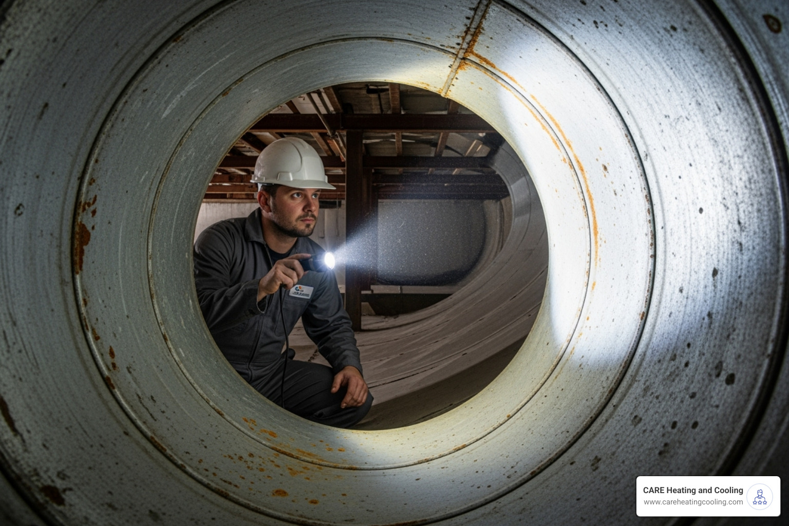A technician inspecting a large commercial air duct with a flashlight - air vents cleaned A technician inspecting a large commercial air duct with a flashlight - air vents cleaned