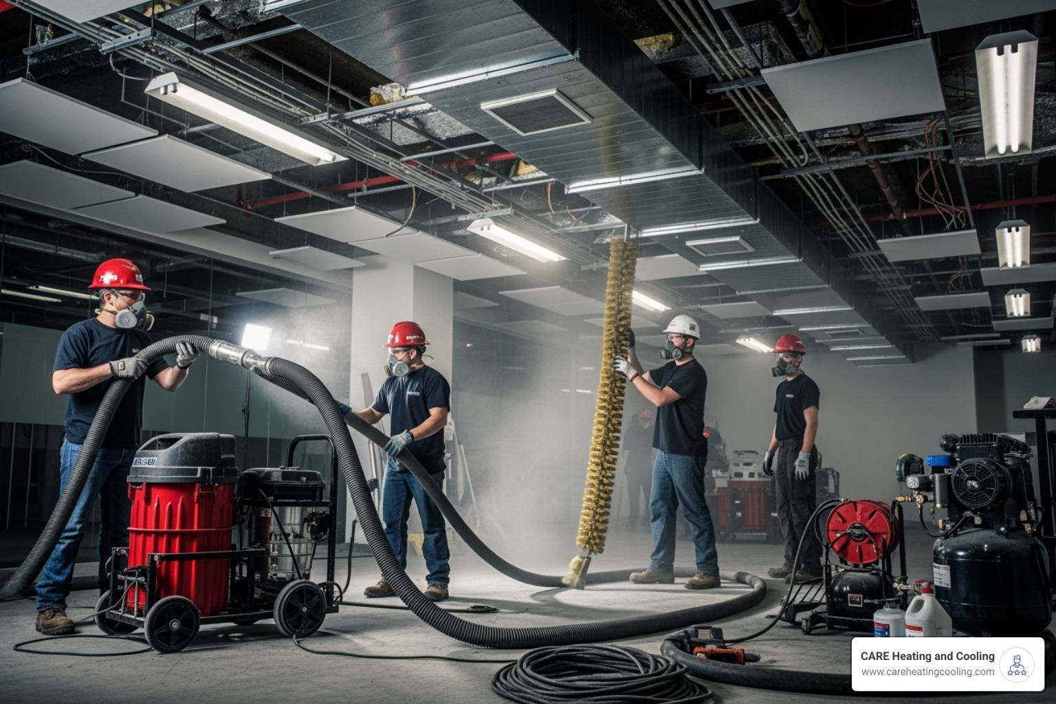 Professional technicians using a large vacuum and agitation tools on commercial ductwork - air vents cleaned Professional technicians using a large vacuum and agitation tools on commercial ductwork - air vents cleaned