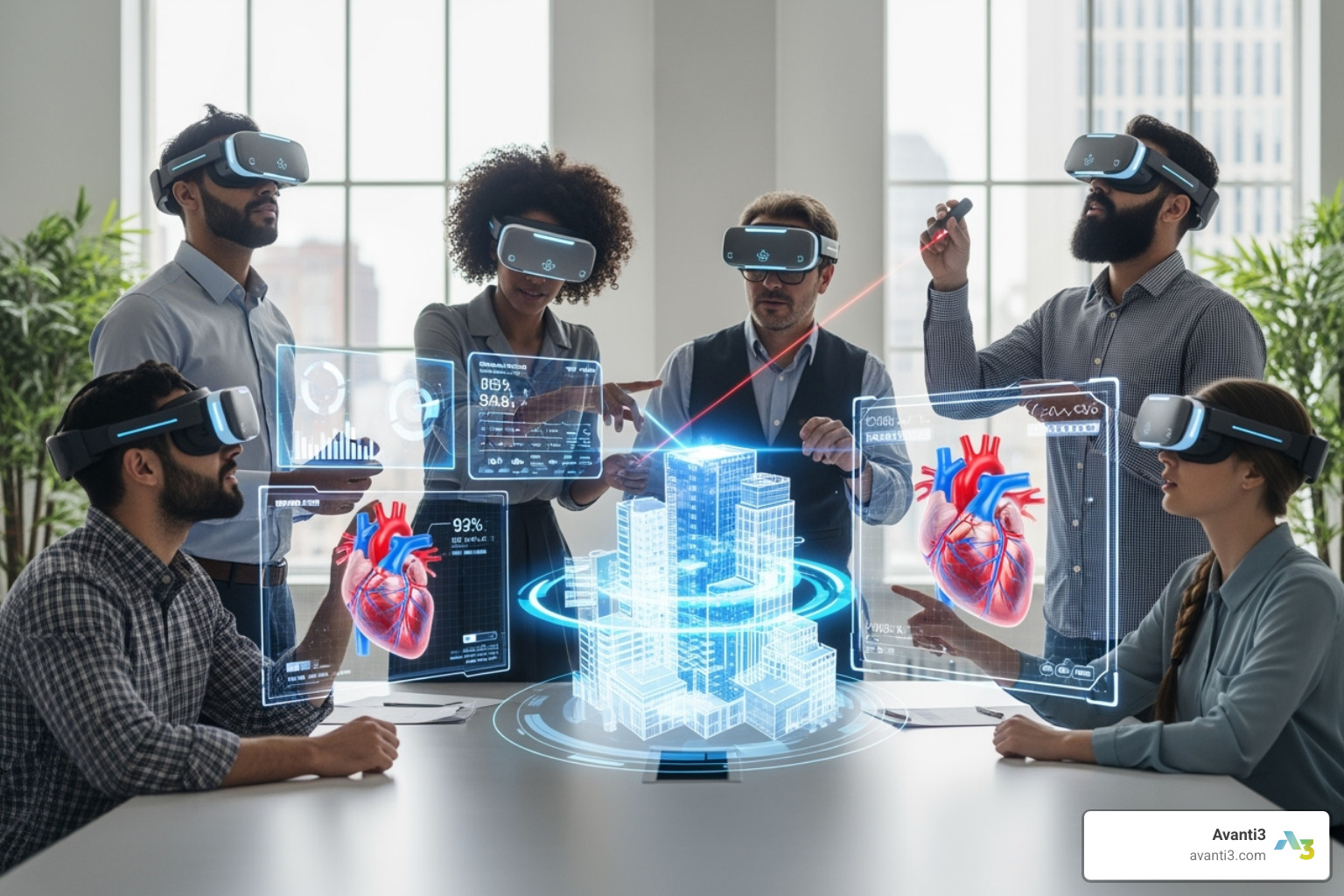 Diverse group of people collaborating in a mixed-reality environment - AR VR blockchain Diverse group of people collaborating in a mixed-reality environment - AR VR blockchain