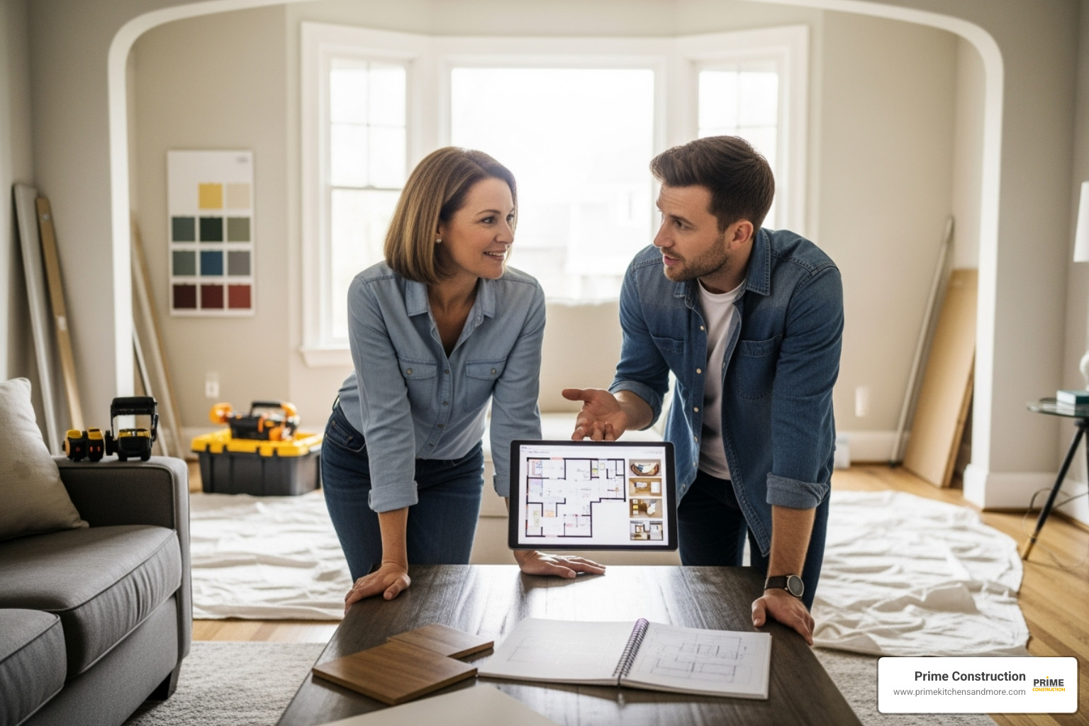 homeowner discussing plans with project manager - restoration contractor