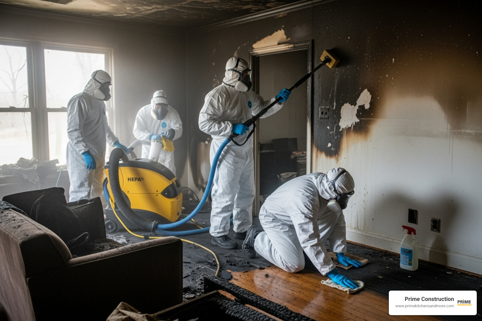 team performing fire damage cleanup - restoration contractor