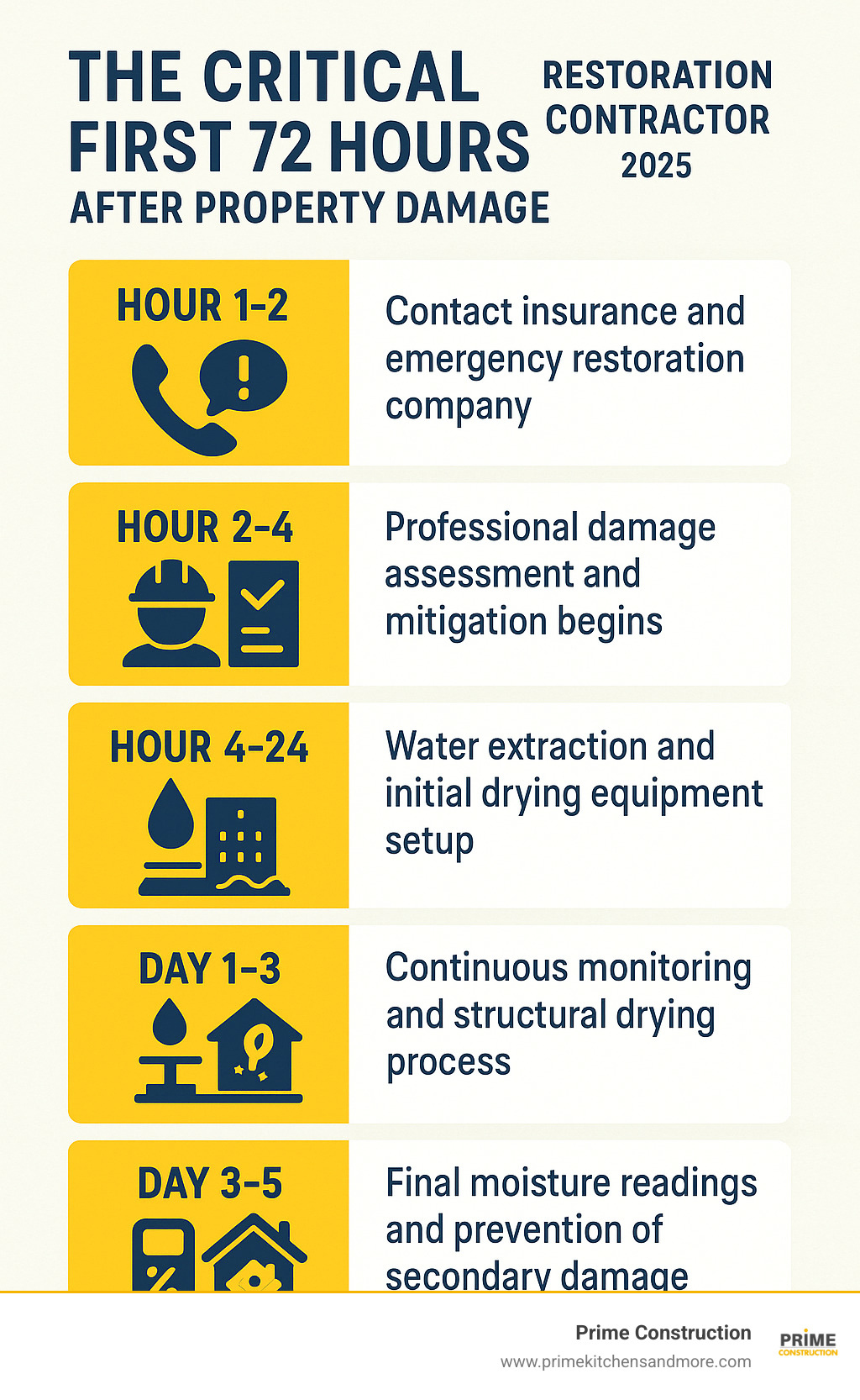 Infographic showing the critical first 72 hours after property damage: Hour 1-2: Contact insurance and emergency restoration company; Hour 2-4: Professional damage assessment and mitigation begins; Hour 4-24: Water extraction and initial drying equipment setup; Day 1-3: Continuous monitoring and structural drying process; Day 3-5: Final moisture readings and prevention of secondary damage like mold growth - restoration contractor infographic 
