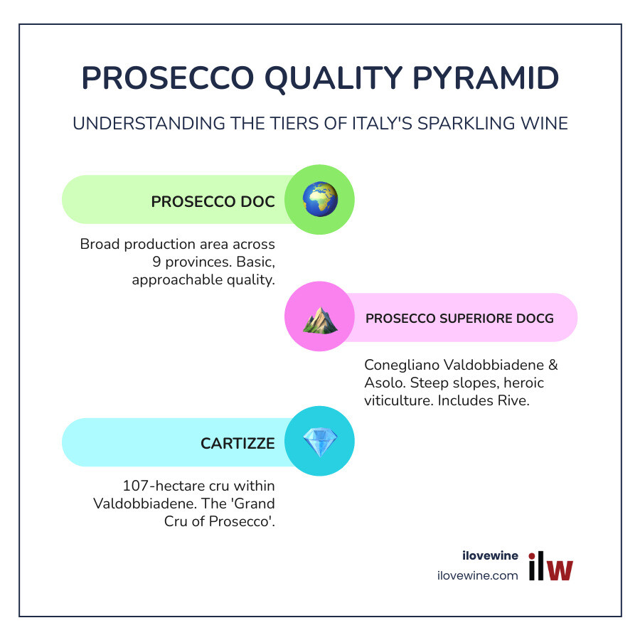 Detailed infographic showing the Prosecco quality pyramid from basic DOC at the bottom through regional DOCs, then DOCG Superiore wines, Rive single-vineyard designations, and Cartizze at the peak, with production areas, grape requirements, and quality standards for each level - prosecco wine regions infographic infographic-line-3-steps-colors