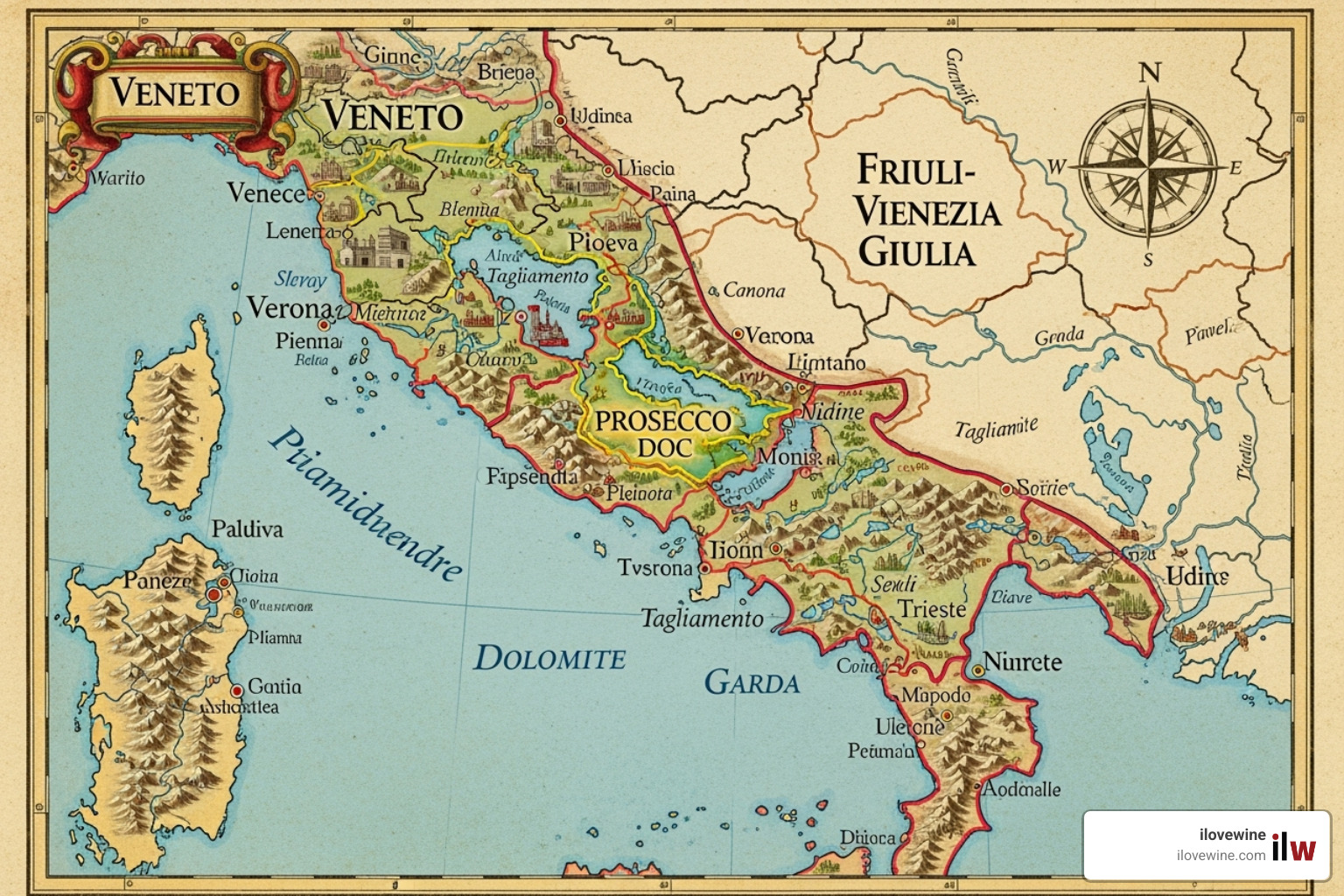 Map showing the expansive Prosecco DOC area across Veneto and Friuli-Venezia Giulia regions in Italy - prosecco wine regions