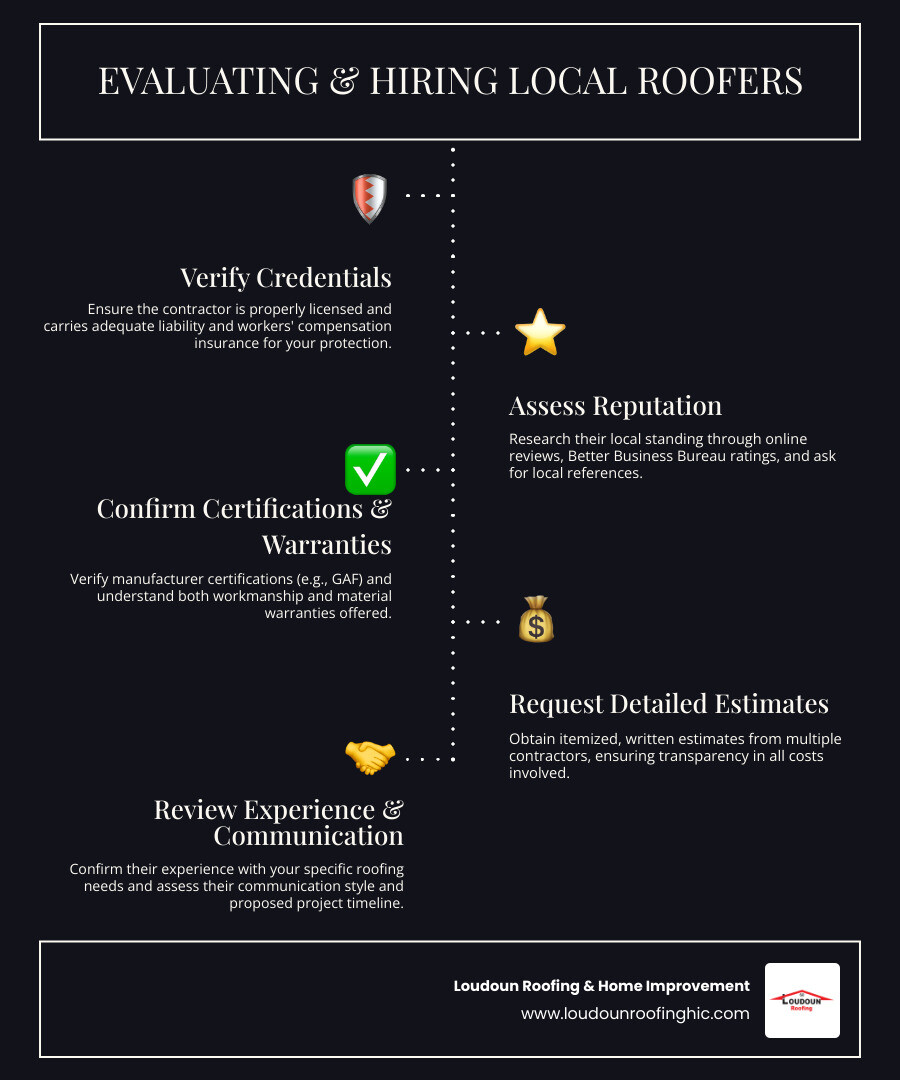 Comprehensive guide showing the step-by-step process for evaluating and hiring local roofing contractors, including credential verification, estimate comparison, and project timeline expectations - roofers in this area infographic infographic-line-5-steps-dark