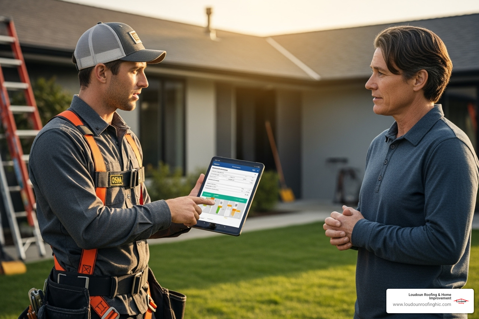 A roofer wearing a safety harness explaining a detailed estimate on a tablet to a homeowner - roofers in this area
