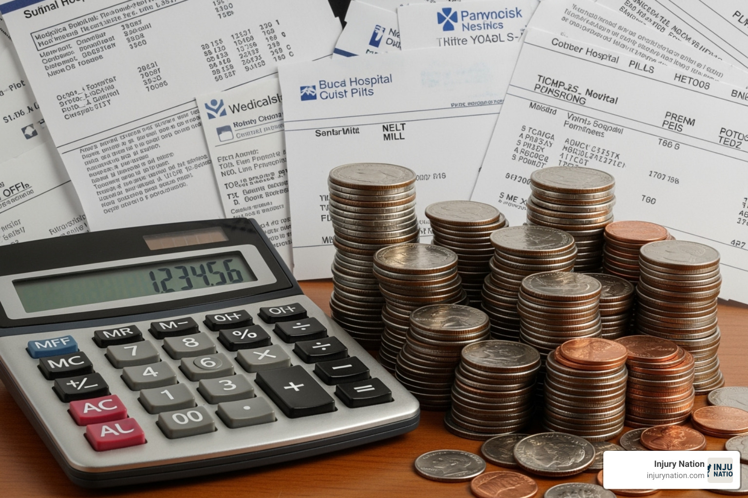 a calculator with stacks of coins and medical bills in the background - dog bite lawyer