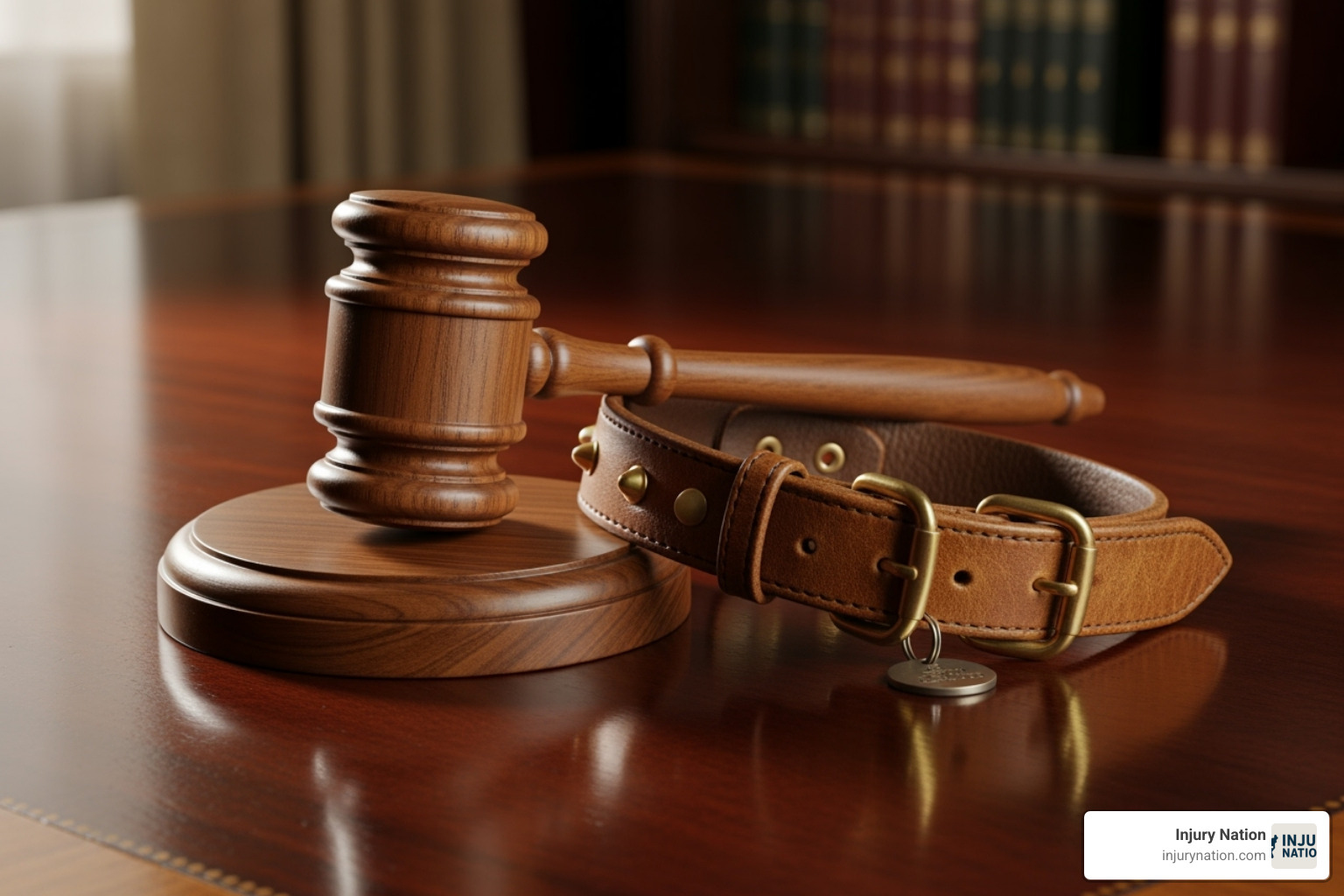 gavel and a dog collar on a wooden desk - dog bite lawyer