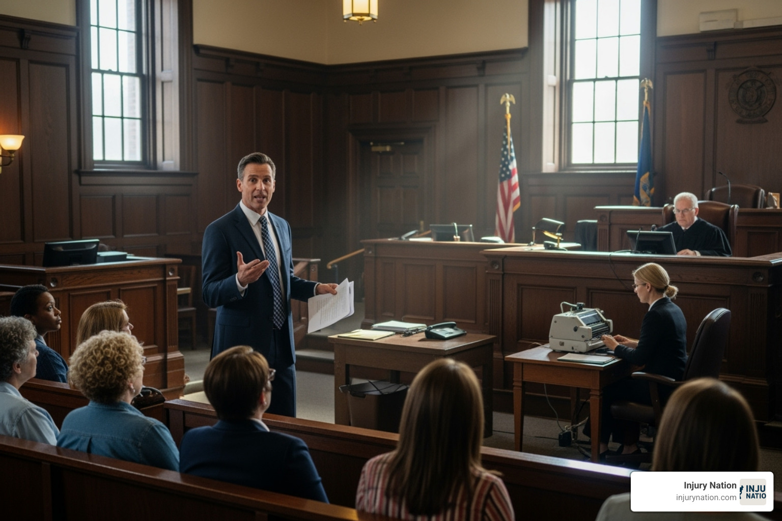 a lawyer confidently speaking to a jury in a courtroom - dog bite lawyer