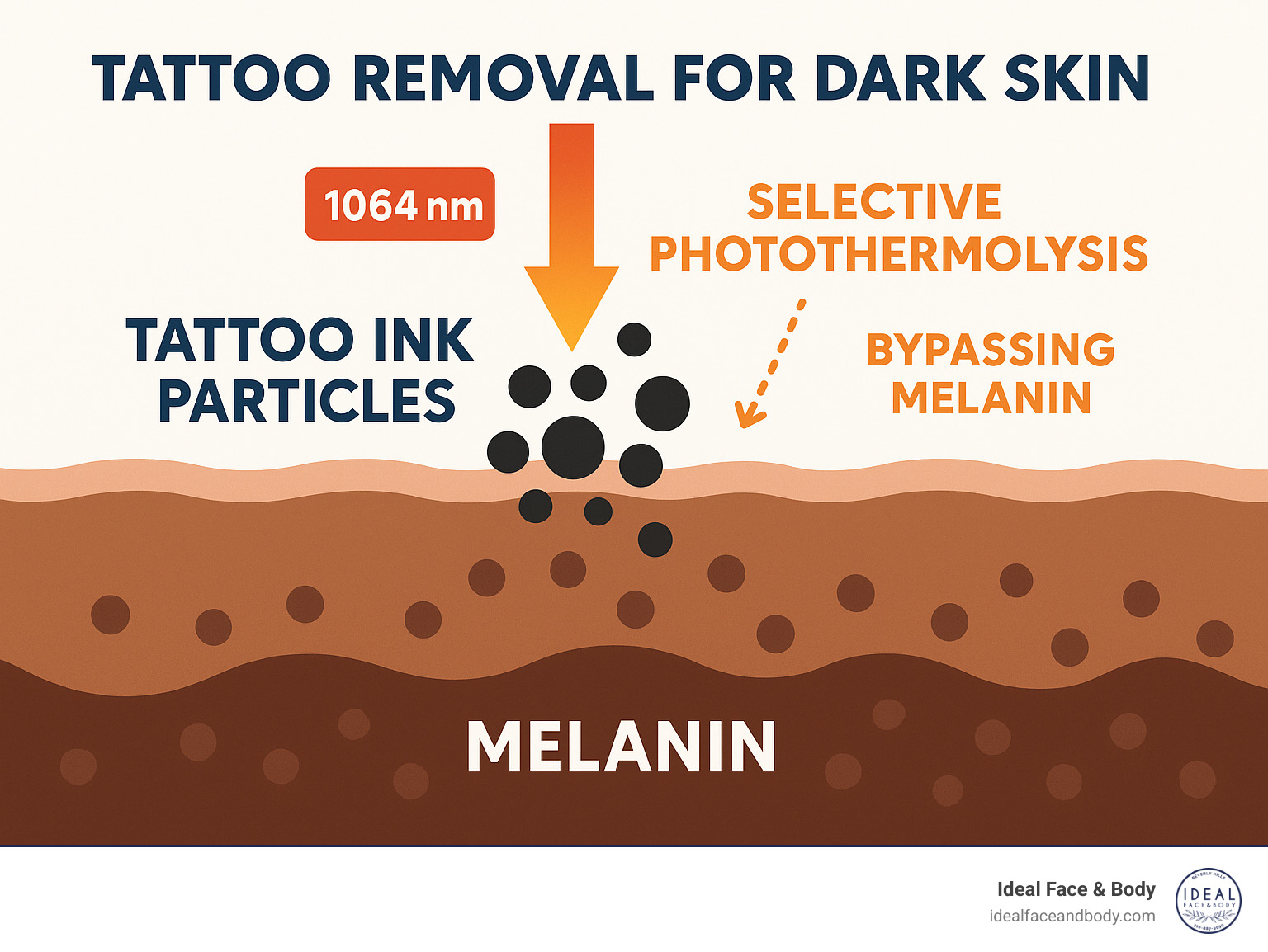 Infographic showing laser energy targeting tattoo ink particles while bypassing melanin in darker skin, with arrows indicating selective photothermolysis process and wavelength specifications for safe treatment - Tattoo removal for dark skin infographic Infographic showing laser energy targeting tattoo ink particles while bypassing melanin in darker skin, with arrows indicating selective photothermolysis process and wavelength specifications for safe treatment - Tattoo removal for dark skin infographic