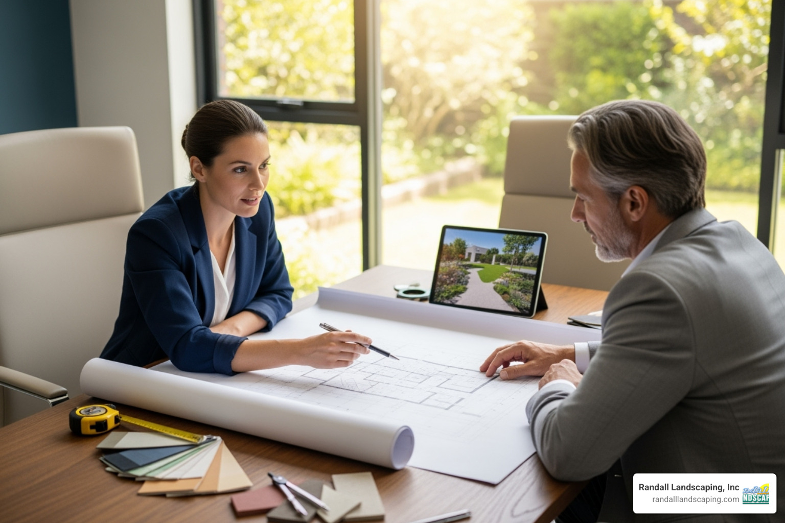 landscape designer collaborating with a client over blueprints - construction landscaping landscape designer collaborating with a client over blueprints - construction landscaping