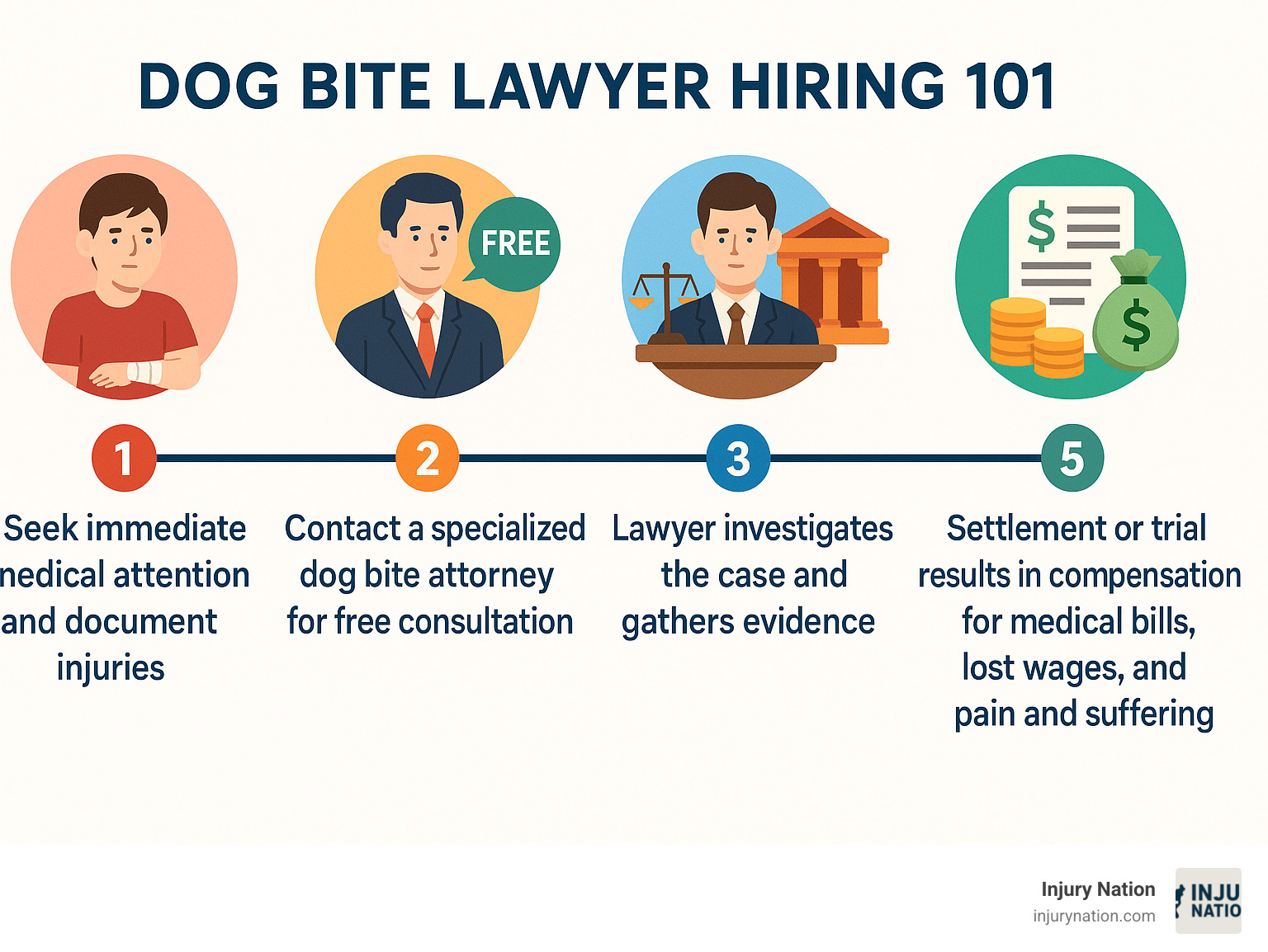 Infographic showing the key steps in hiring a dog bite lawyer: 1) Seek immediate medical attention and document injuries, 2) Contact a specialized dog bite attorney for free consultation, 3) Lawyer investigates the case and gathers evidence, 4) Attorney negotiates with insurance companies or files lawsuit, 5) Settlement or trial results in compensation for medical bills, lost wages, and pain and suffering - dog bite lawyer infographic 