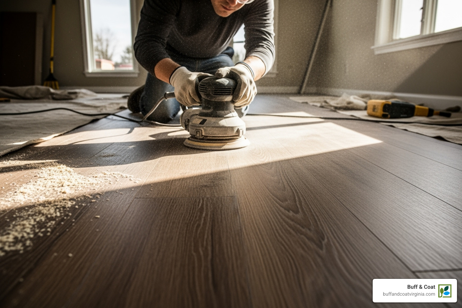 Someone using an orbital sander on an engineered wood floor, moving in the direction of the wood grain - refinish engineered wood floors Someone using an orbital sander on an engineered wood floor, moving in the direction of the wood grain - refinish engineered wood floors