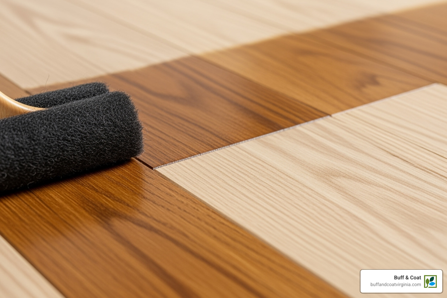 Wood stain being applied evenly to a sanded engineered wood floor, highlighting the color change - refinish engineered wood floors Wood stain being applied evenly to a sanded engineered wood floor, highlighting the color change - refinish engineered wood floors
