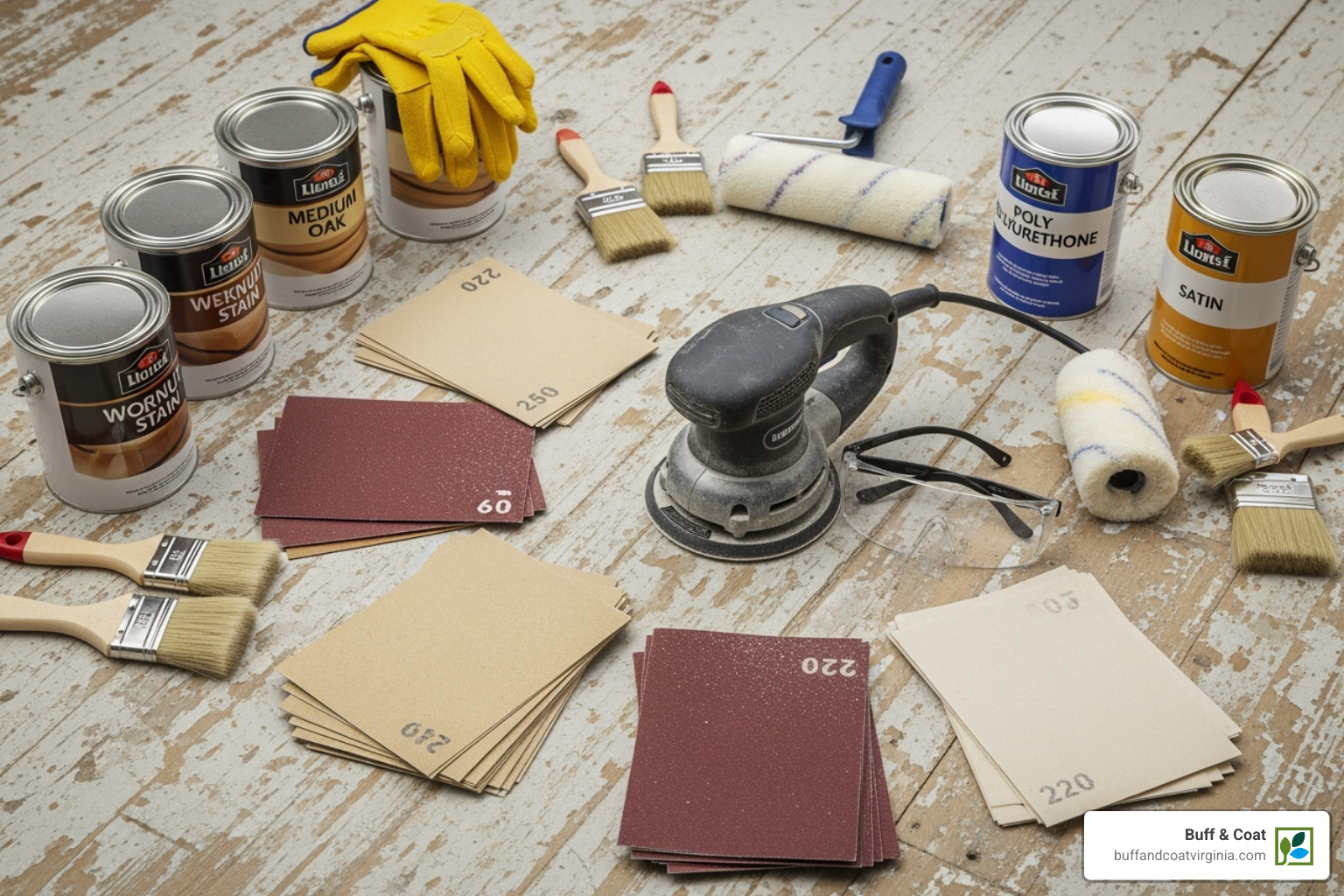 Tools and materials needed for refinishing engineered wood floors, including an orbital sander, various grits of sandpaper, wood stain, polyurethane finish, brushes, rollers, and safety gear - refinish engineered wood floors Tools and materials needed for refinishing engineered wood floors, including an orbital sander, various grits of sandpaper, wood stain, polyurethane finish, brushes, rollers, and safety gear - refinish engineered wood floors