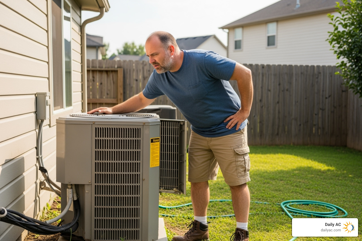 homeowner looking concerned at their outdoor HVAC unit - heat pump compressor repair