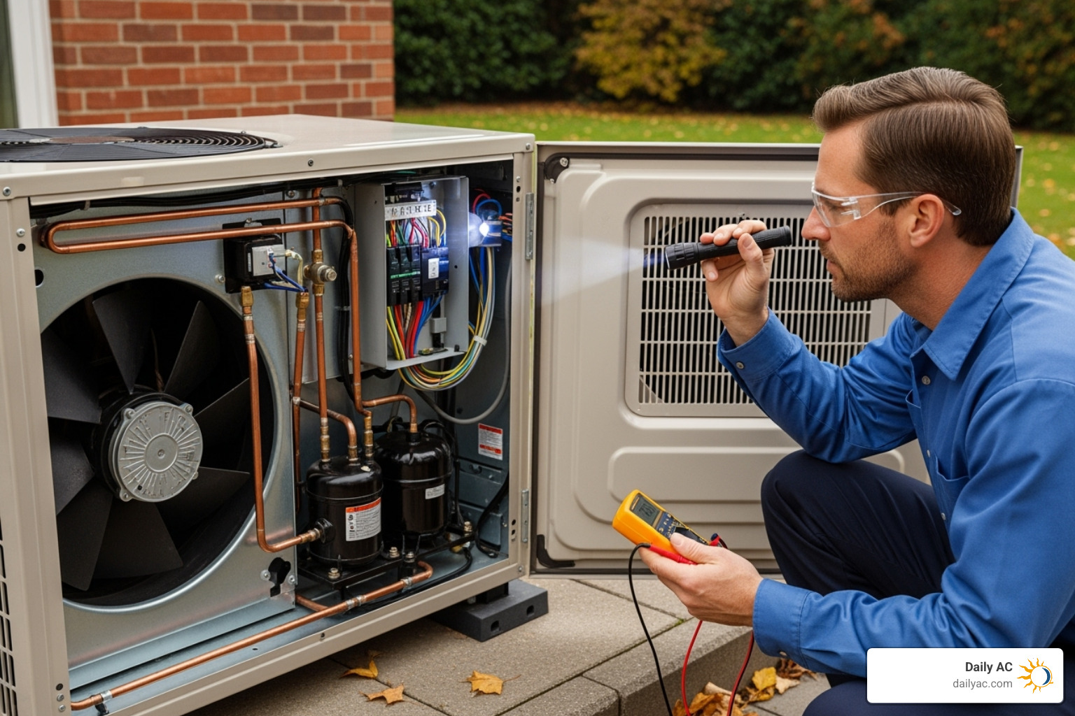 technician inspecting the internal components of an outdoor unit - heat pump compressor repair