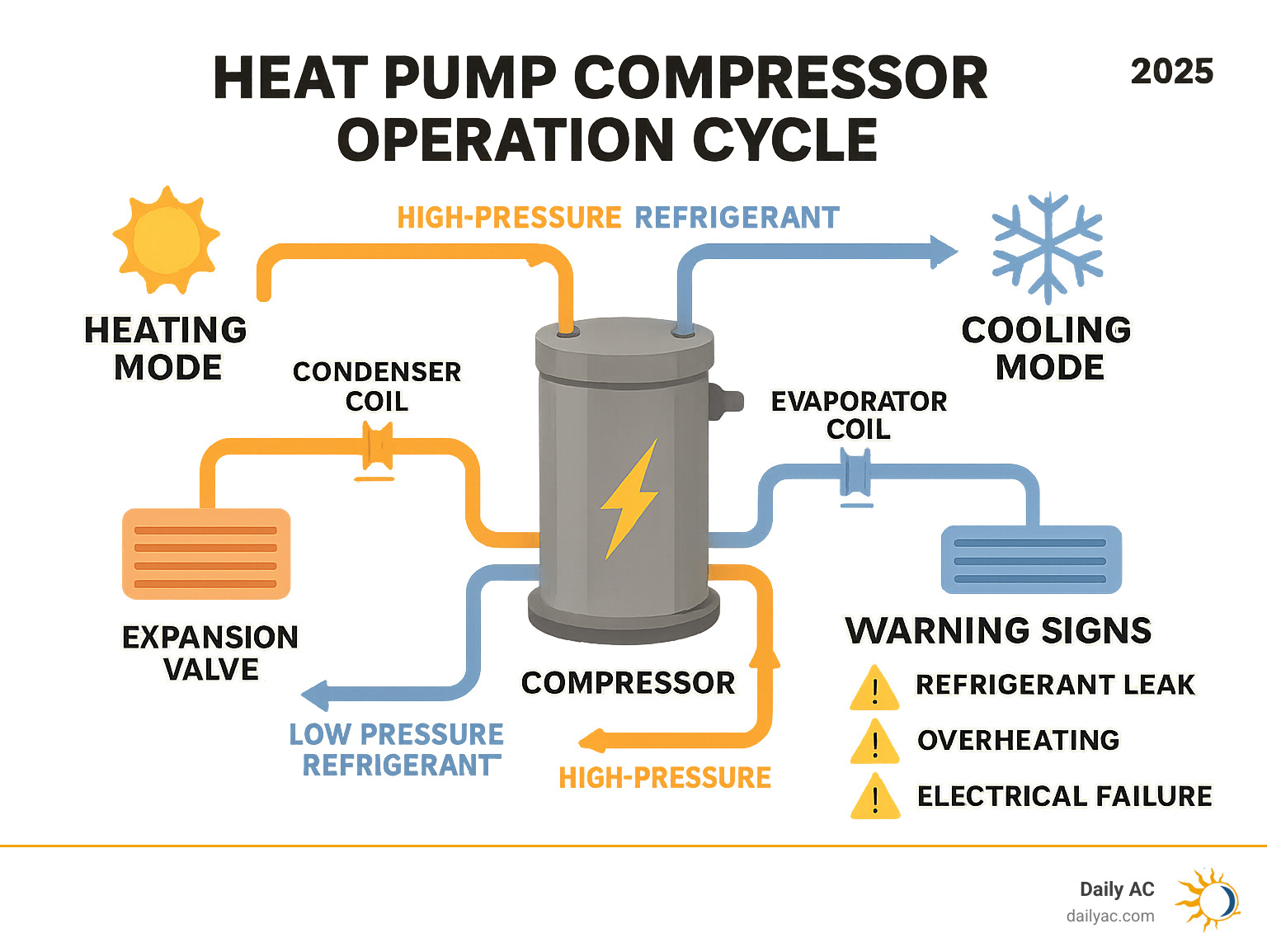 Detailed infographic showing heat pump compressor operation cycle including refrigerant flow, pressure changes, heating and cooling modes, and common failure points with warning signs - heat pump compressor repair infographic 