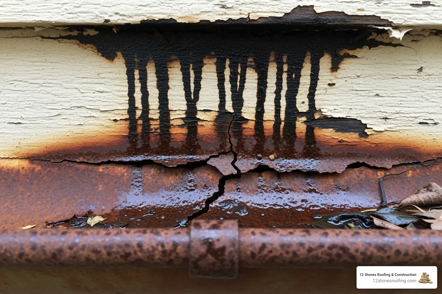 a rusty, cracked gutter with water staining the fascia board behind it - rain gutter replacement near me a rusty, cracked gutter with water staining the fascia board behind it - rain gutter replacement near me