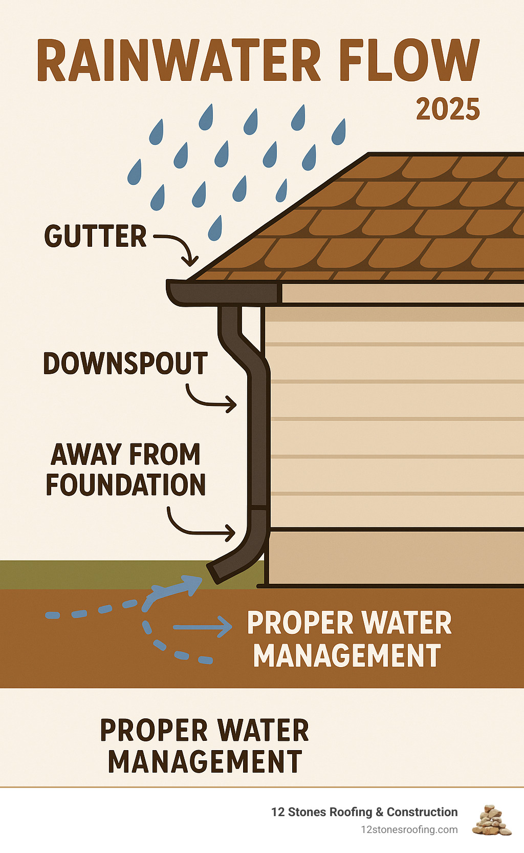 Infographic showing rainwater flow from roof through gutters and downspouts away from home foundation, with labels for proper water management and foundation protection - rain gutter replacement near me infographic Infographic showing rainwater flow from roof through gutters and downspouts away from home foundation, with labels for proper water management and foundation protection - rain gutter replacement near me infographic