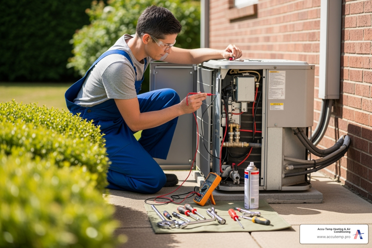 A technician performing routine maintenance on an AC unit - Emergency HVAC service