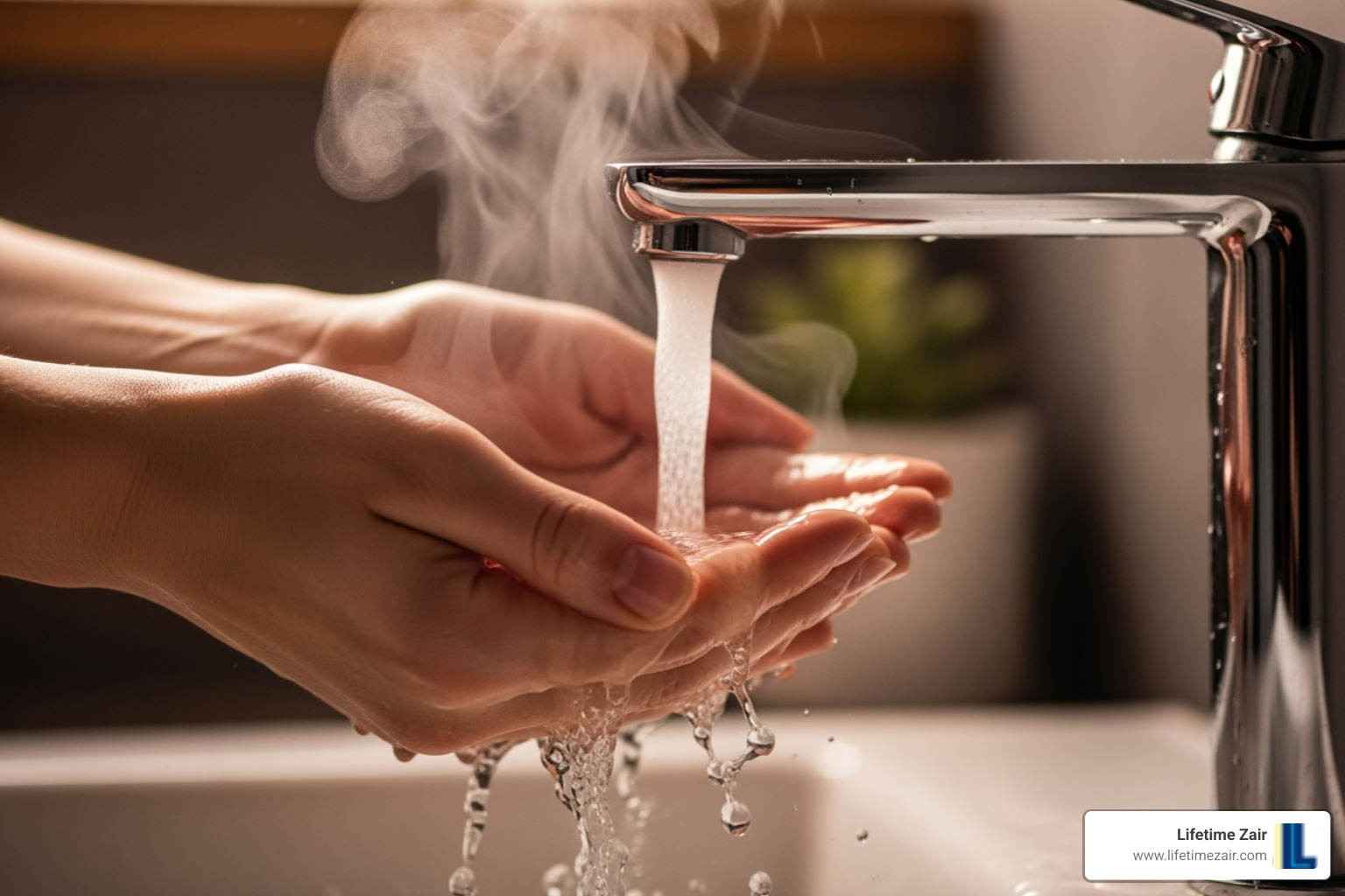 person enjoying hot water from a faucet - tankless water heater flush