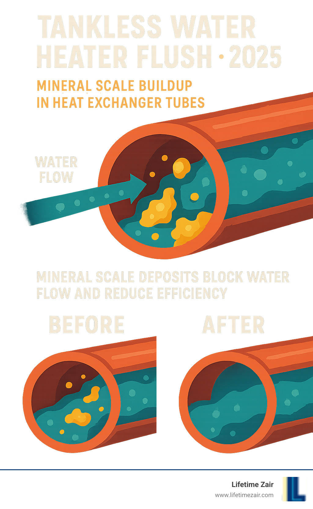 Infographic showing how mineral scale deposits build up inside tankless water heater heat exchanger tubes, blocking water flow and reducing efficiency, with before and after comparison of clean versus scaled tubes - tankless water heater flush infographic 