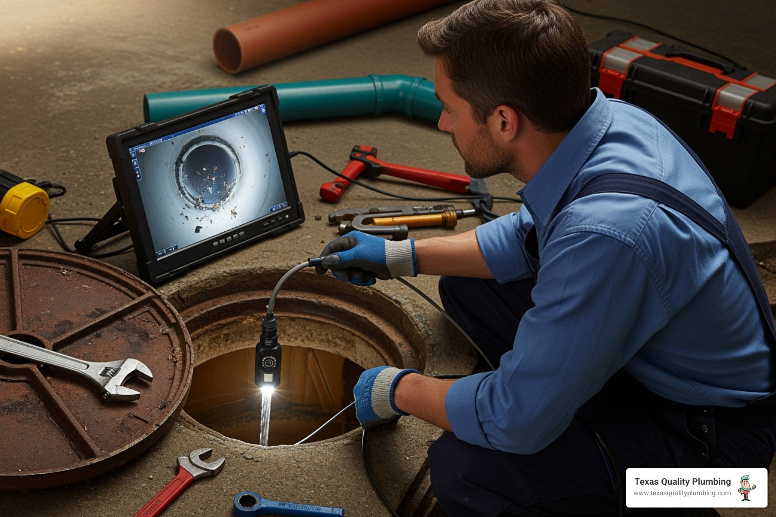 a plumber using a CCTV drain camera on a monitor - drain clearing services