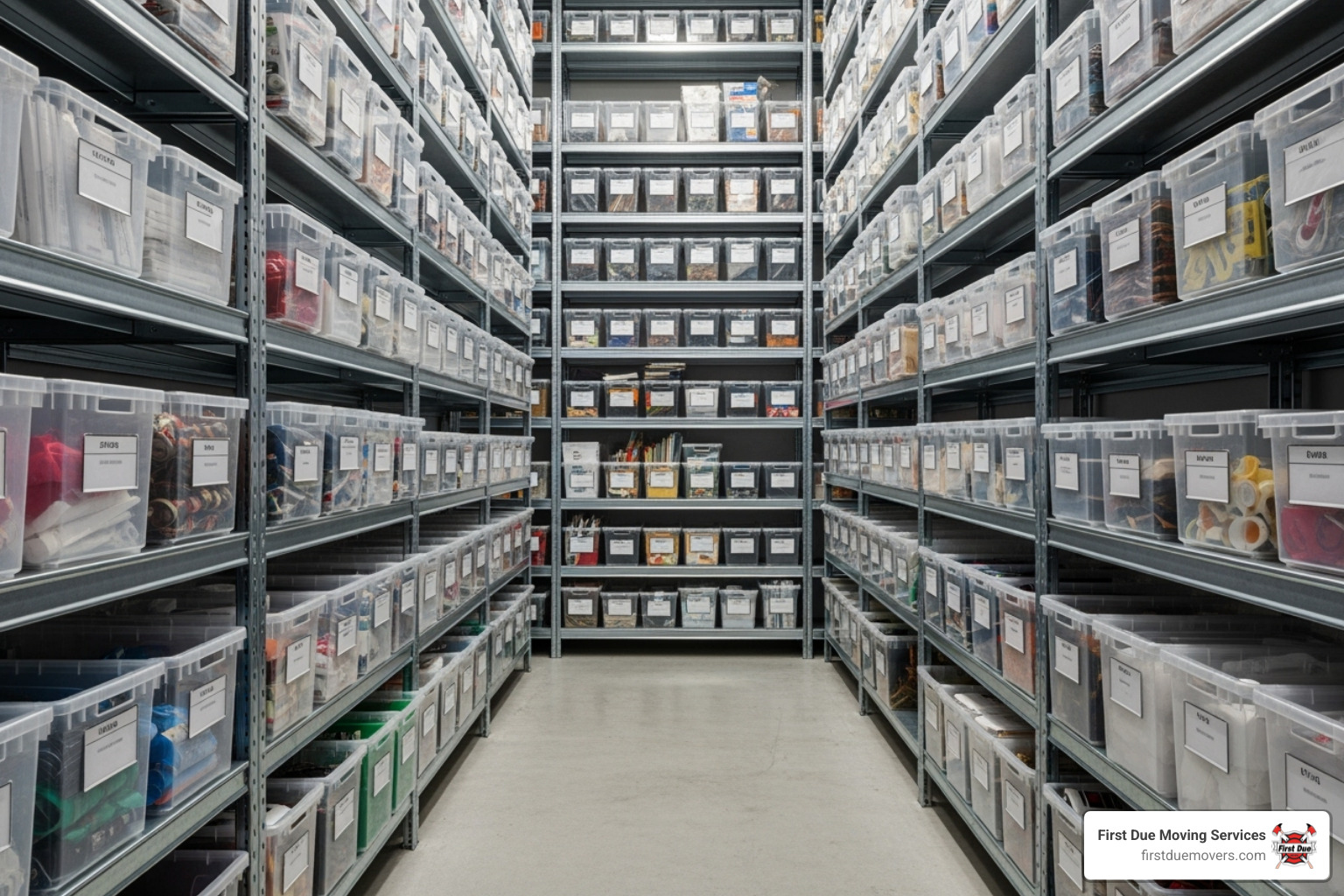 A perfectly organized storage unit with labeled clear bins on sturdy shelves and a clear aisle - Business storage solutions A perfectly organized storage unit with labeled clear bins on sturdy shelves and a clear aisle - Business storage solutions
