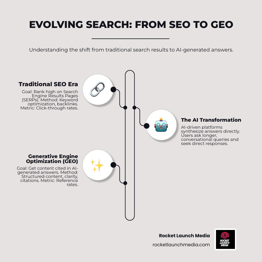explaining the difference between a traditional search results page and an AI-generated answer - generative engine optimization geo seo infographic infographic-line-3-steps-neat_beige