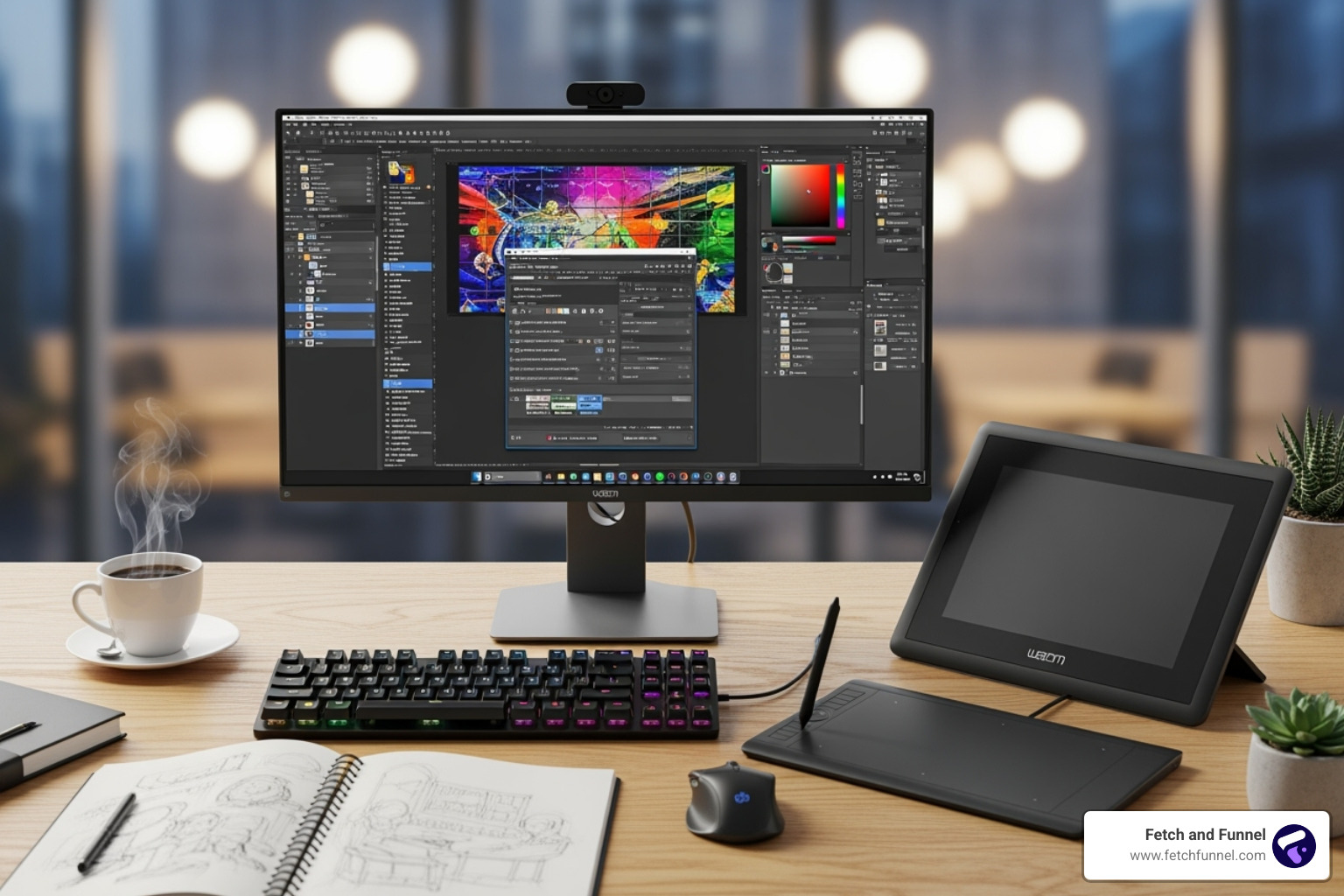 a designer's desk featuring a high-resolution monitor, a graphics tablet, and various design software interfaces - graphic design advertising agency a designer's desk featuring a high-resolution monitor, a graphics tablet, and various design software interfaces - graphic design advertising agency