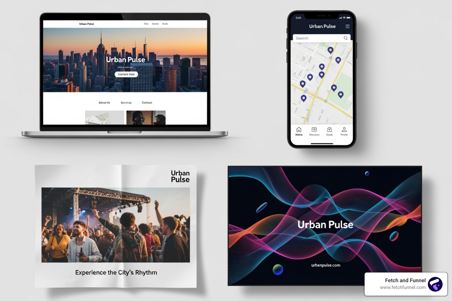 a collage of design outputs: a website on a laptop, a mobile app, a print ad, and motion graphics on a screen - graphic design advertising agency a collage of design outputs: a website on a laptop, a mobile app, a print ad, and motion graphics on a screen - graphic design advertising agency