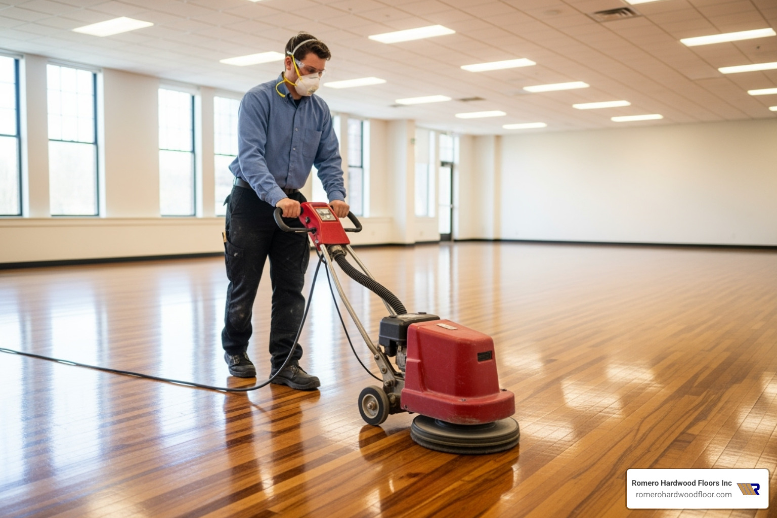 Person correctly operating a floor buffer in a well-lit room - hardwood floor buffing